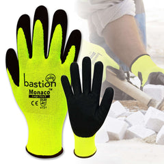 Bastion Monaco High Viz Yellow Polyester Gloves - Black Sandy Foam Nitrile Coating
