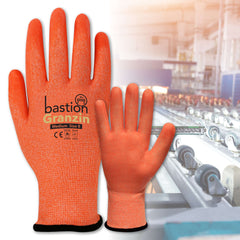 Bastion Granzin Cut 5 13G High Viz Orange Hppe Gloves, Clear Silicone Palm Coating