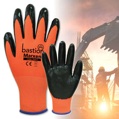 Bastion Marxen High Viz Orange Polyester Gloves - Black Nitrile Coating