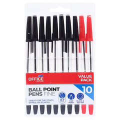 Office Central Pen Ballpoint 10 Pack (8 Black & 2 Red)