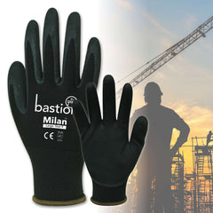 Bastion Milan Black Nylon Gloves - Black Sandy Foam Nitrile Coating