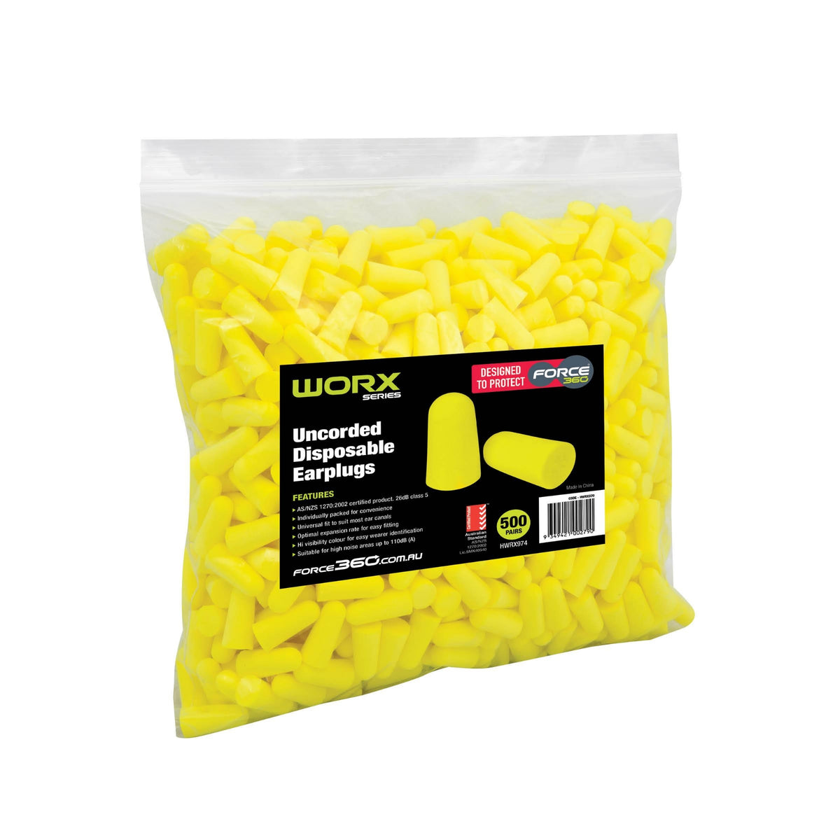 Force360 Bullet Shaped Uncorded Earplugs Bulk Pack(500Pr/Bag)