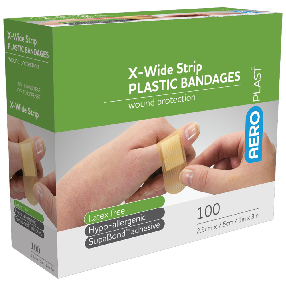 Aero Healthcare AEROPLAST Plastic X-Wide Strip 7.5 x 2.5cm Box/100
