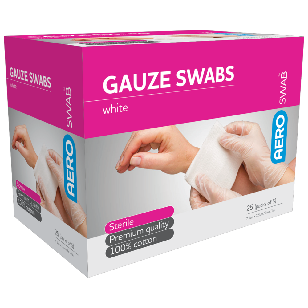 Aero Healthcare AEROSWAB Sterile White Gauze Swab 7.5 x 7.5cm (Packs of 5) Box/25