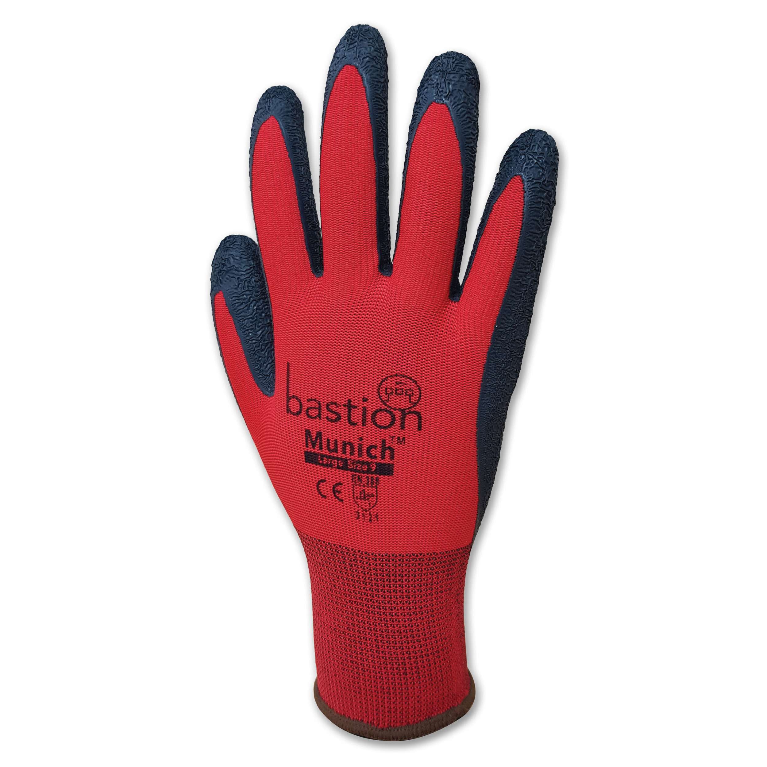 Bastion Munich  Red  Nylon  Gloves - Black Crinkled Latex Coating