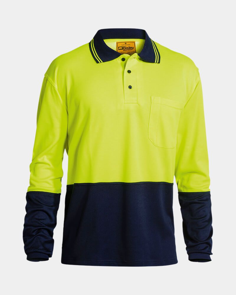 6 XL BISLEY HI VIS LONG SLEEVE POLO SHIRT Yellow / Navy