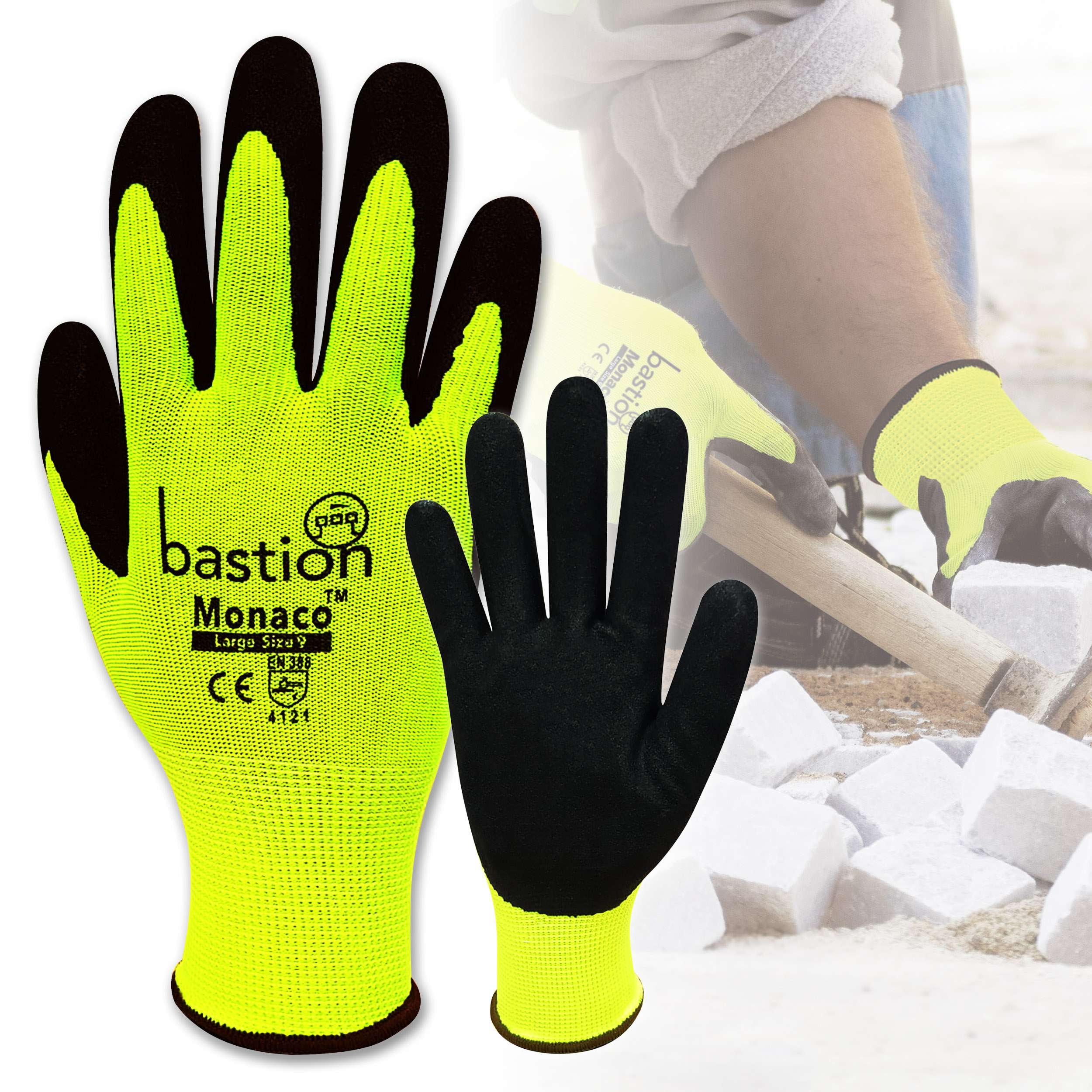 Bastion Monaco  High Viz  Yellow  Polyester  Gloves - Black Sandy Foam Nitrile Coating