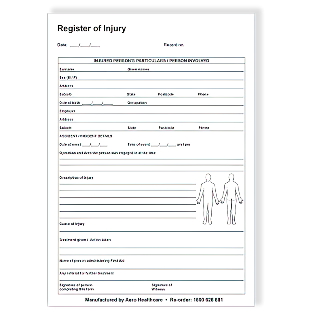 Aero Healthcare AEROSUPPLIES A5 Register of Injuries Duplicate Pad (25 pages)