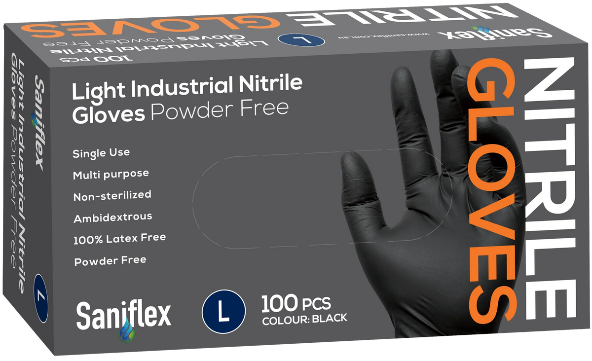 Saniflex Light Industrial Nitrile Gloves (Black, Carton of 10 Boxes)