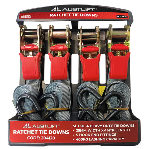 Austlift Ratchet Tie Down Heavy Duty 4 Pack 25mmx4M with S Hook LC400KG