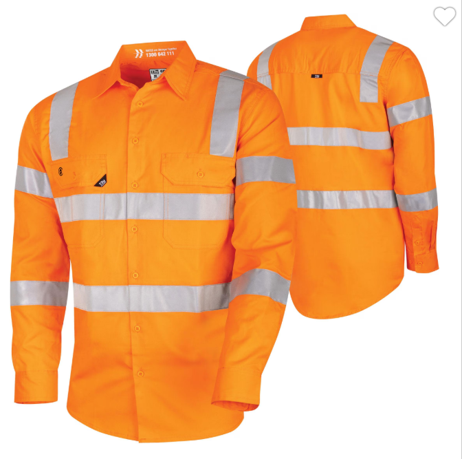 TRu Workwear Core SeriesShirt 145gsm L/S all Orange Cotton Drill with Horizontal Cooling Vents and (VIC) CSR Reflective tape 2 hoop on body, arms and strip over shoulders