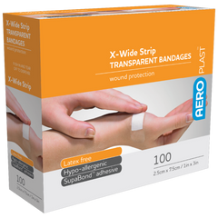 Aero Healthcare AEROPLAST Transparent X-Wide Strip 7.5 x 2.5cm Box/100