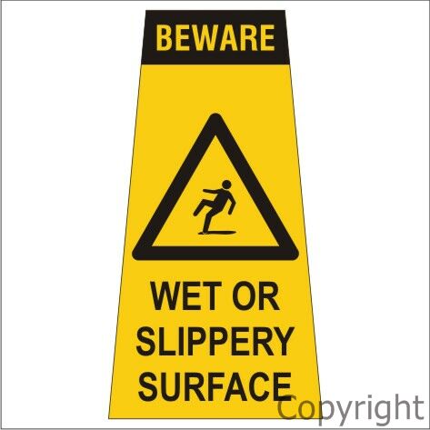 MISC CONE SIGN BEWARE WET OR SLIP 200x380mm Poly .6mm + Velcro