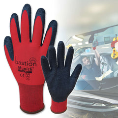Bastion Munich  Red  Nylon  Gloves - Black Crinkled Latex Coating