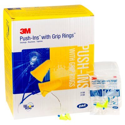 3M E-A-R Push-Ins with Grip Rings Uncorded Earplugs Poly Bag 200 pairs/box