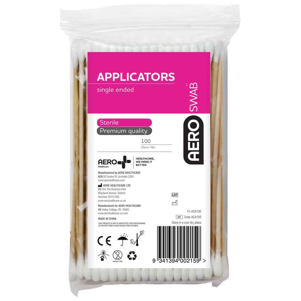 Aero Healthcare AEROSWAB 15cm Wood Single End Applicators Bag/100