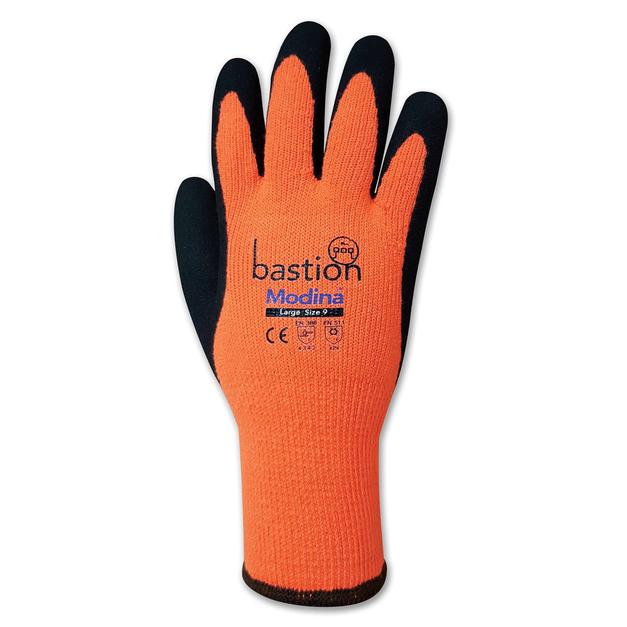 Bastion Modina  Cut 3 Orange Acrylic  Thermal  Gloves - Black Sandy Latex Coating