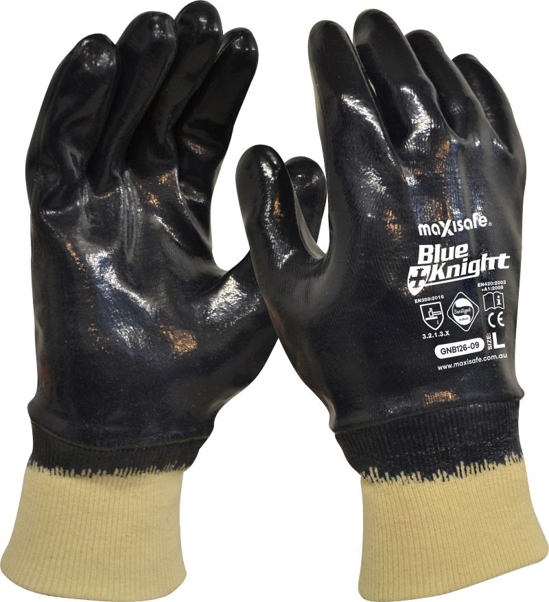 Maxisafe Blue Knight Nitrile Fully Dipped Gloves With Knit Wrist (12 Pairs)