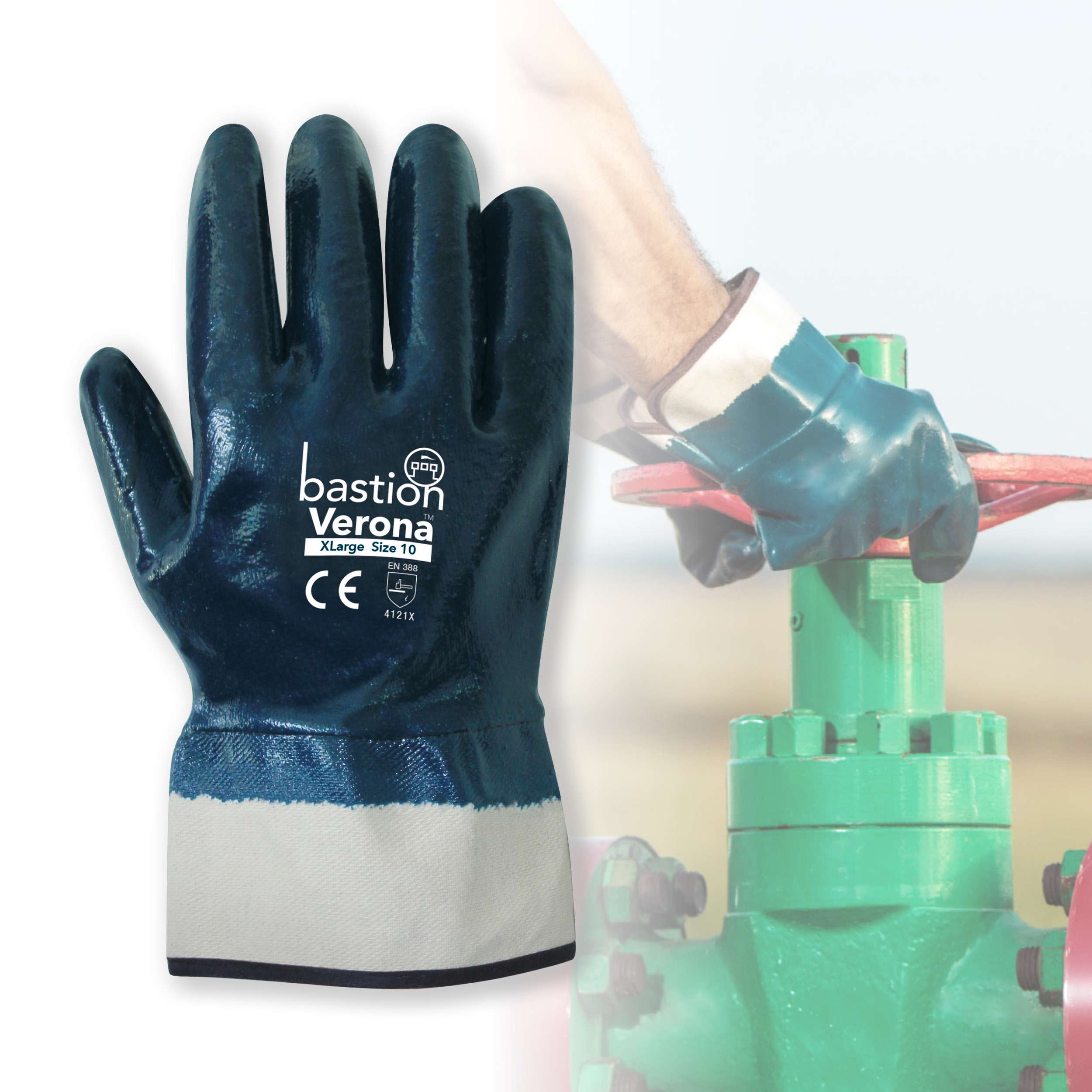 Bastion Verona  Blue  Nitrile Fully Dipped Jersey Cotton Gloves - Safety Cuff