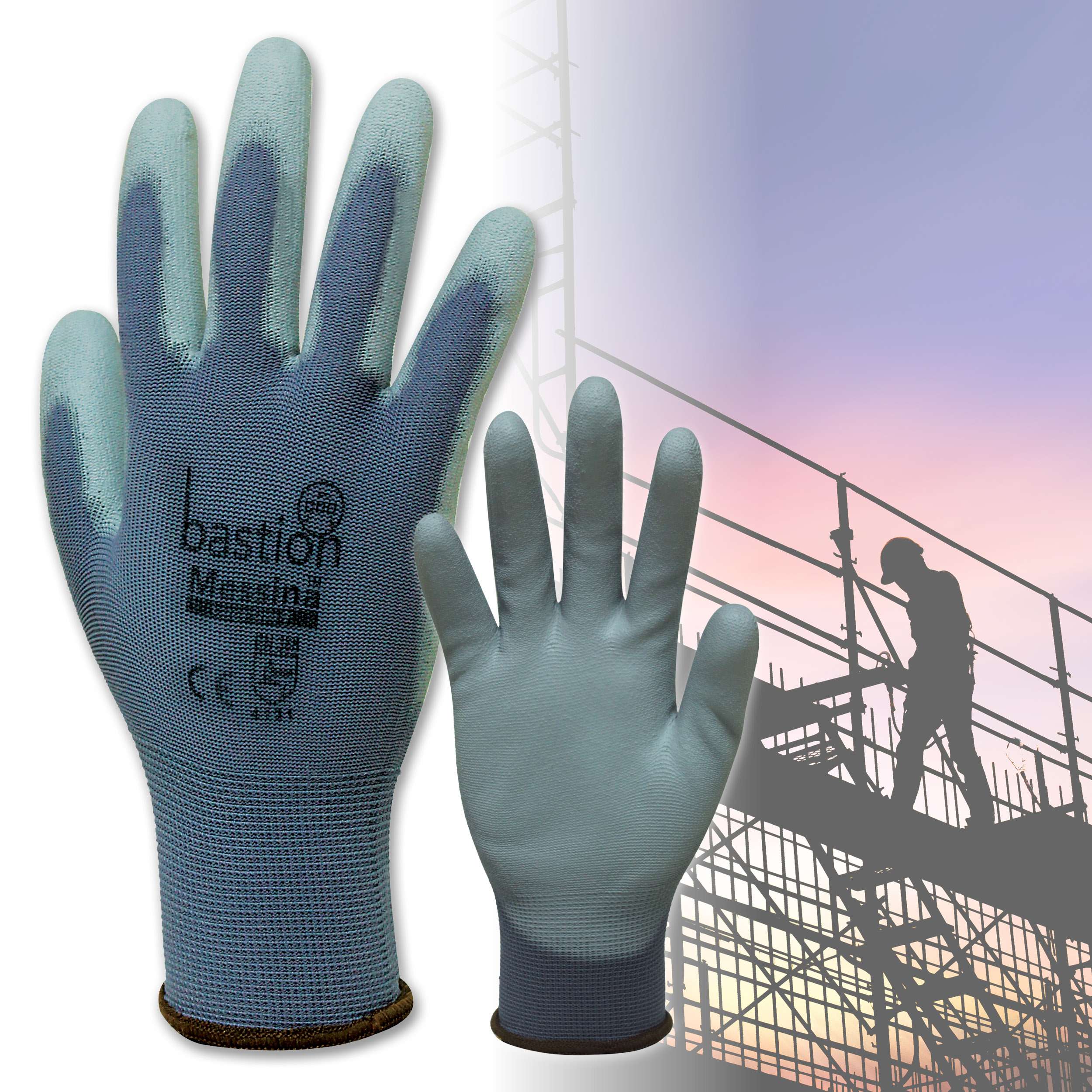 Bastion Messina  Grey  Nylon  Gloves - Grey Polyurethane Coating