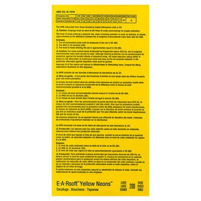 3M E-A-R soft Yellow Neons Large Corded Earplugs, Poly Bag 200 pairs/box