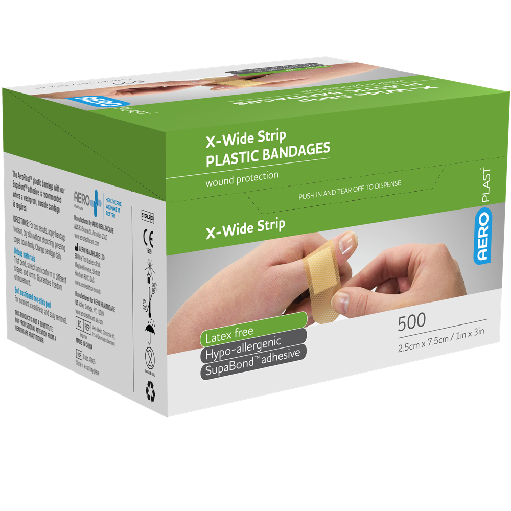 Aero Healthcare AEROPLAST Plastic X-Wide Strip 7.5 x 2.5cm Box/500