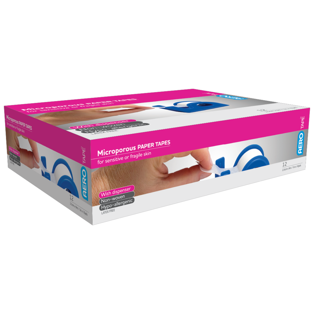 Aero Healthcare AEROTAPE White Microporous Paper Tape with Dispenser 2.5cm x 9.1M Box/12