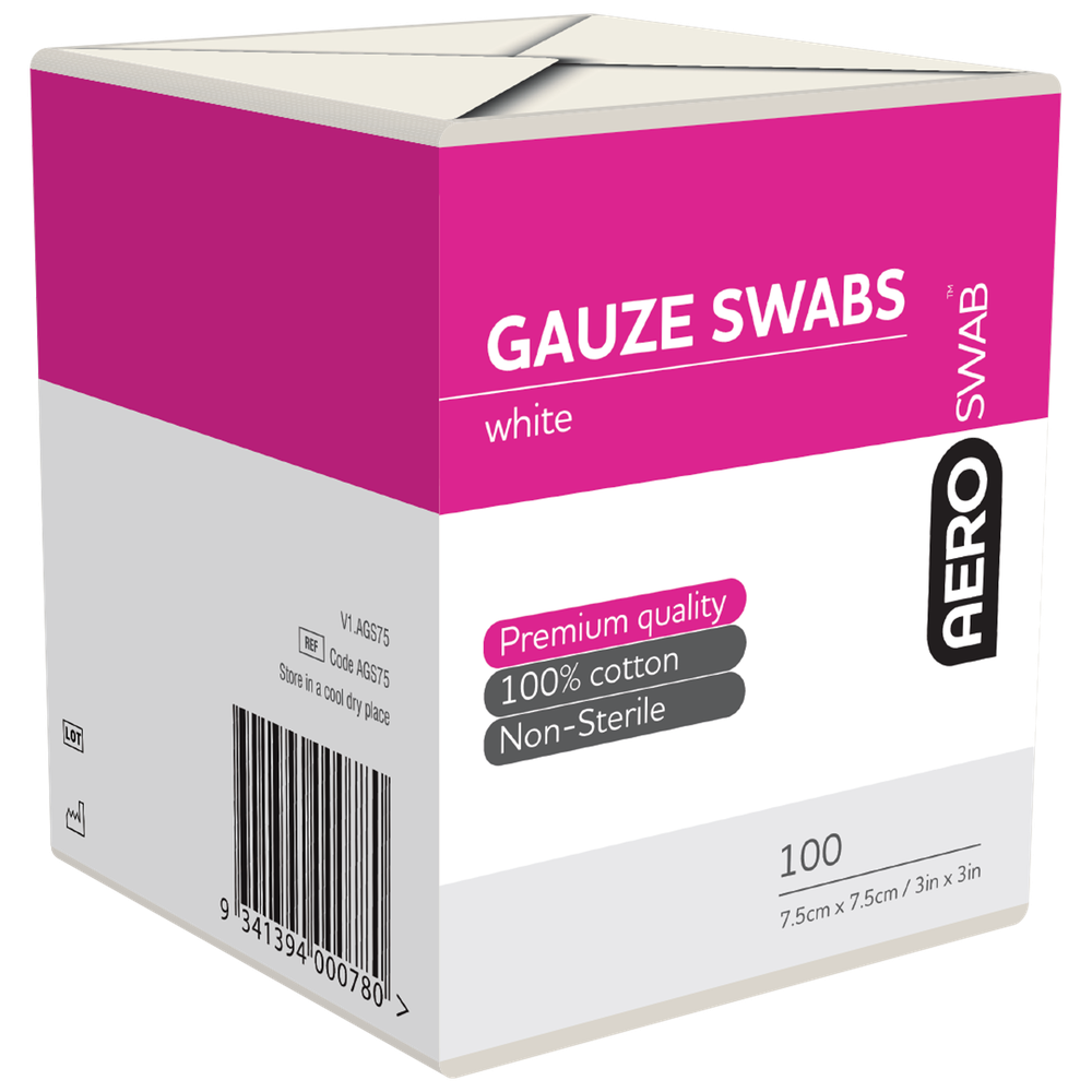 Aero Healthcare AEROSWAB Non-Sterile White Gauze Swab 7.5 x 7.5cm Pack/100 (8PLY)
