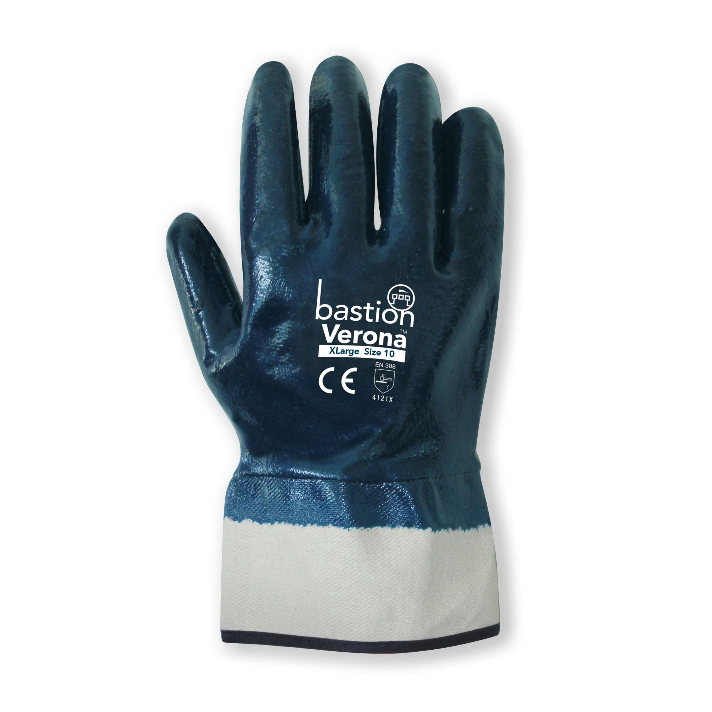 Bastion Verona  Blue  Nitrile Fully Dipped Jersey Cotton Gloves - Safety Cuff