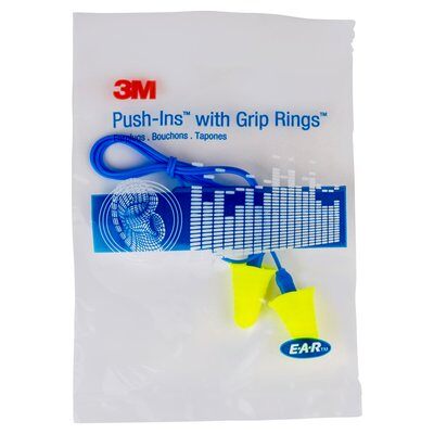 3M E-A-R Push-Ins with Grip Rings Corded Earplugs Poly Bag 200 pairs/box