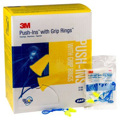 3M E-A-R Push-Ins with Grip Rings Corded Earplugs Poly Bag 200 pairs/box