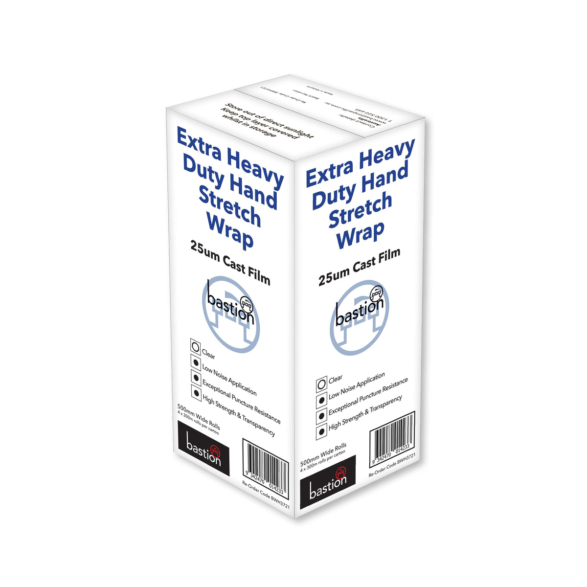 Bastion Extra Heavy Duty Hand Stretch Wrap, 25um, 300m, Clear (Carton of 4)