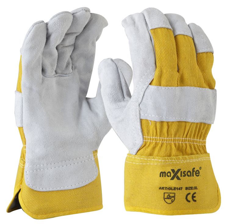 Maxisafe Grey Split Palm, Yellow Cotton Back Glove - Carded (12 Pairs)