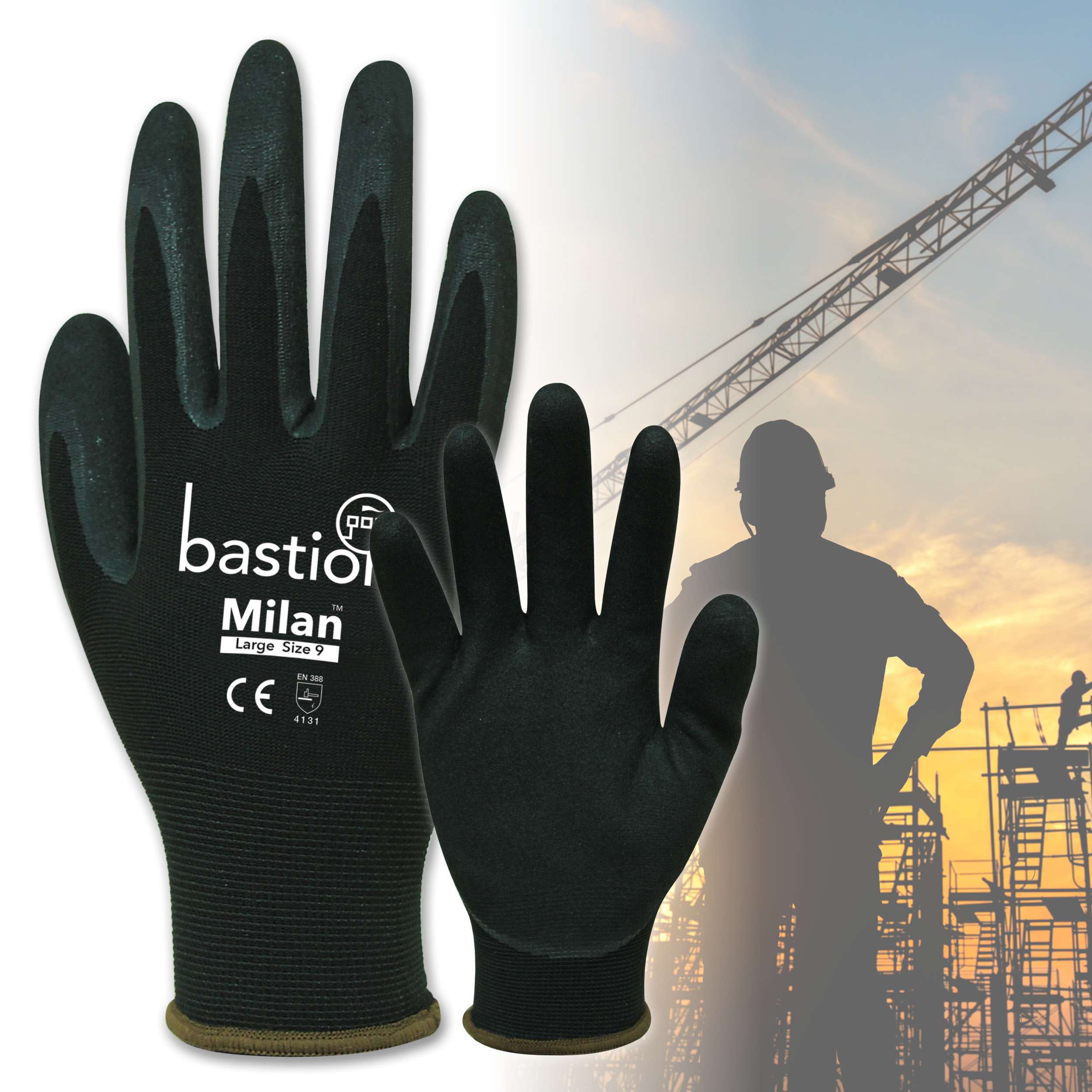 Bastion Milan  Black  Nylon  Gloves - Black Sandy Foam Nitrile Coating