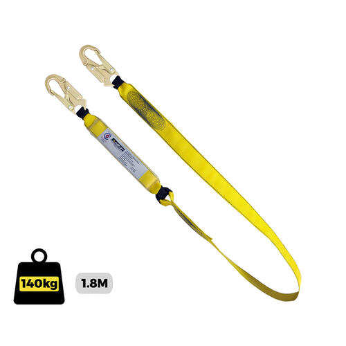 Austlift Fall Arrest webbing Lanyard.1.8m with shock absorber and double action snap hook each end. Certified to AS/NZS 1891.1
