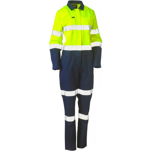Bisley Womens Taped Hi Vis Cotton Drill Coverall Yellow/Navy