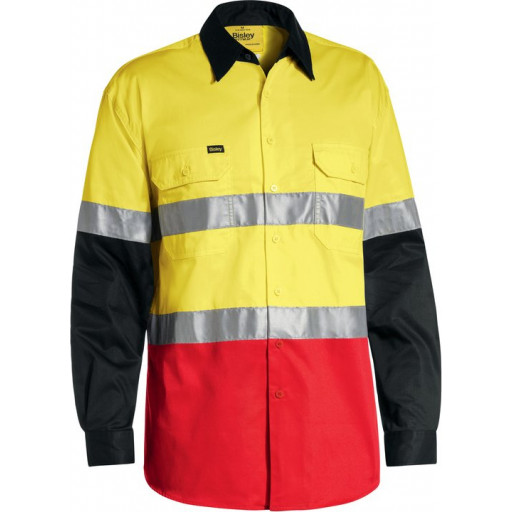Bisley 3M Taped Hi Vis Cool Lightweight 3 Tone Long Sleeve Shirt Yellow/Black/Red