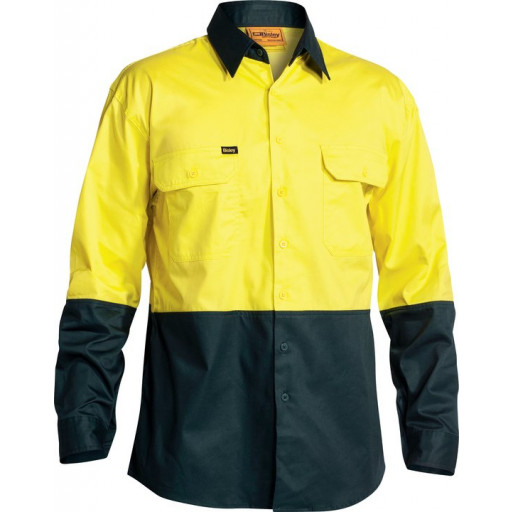 Bisley Yellow/Bottle 2 Tone Hi Vis Cool Lightweight Drill Shirt Long Sleeve (BS6895)