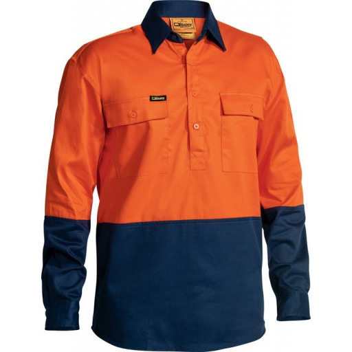 Bisley 2 Tone Closed Front Hi Vis Drill Long Sleeve Shirt Orange/Navy