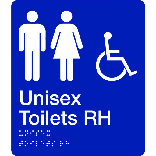 180x210mm - Braille - Blue PVC - Unisex Accessible Toilets (Right Hand) (BTS009-RH)