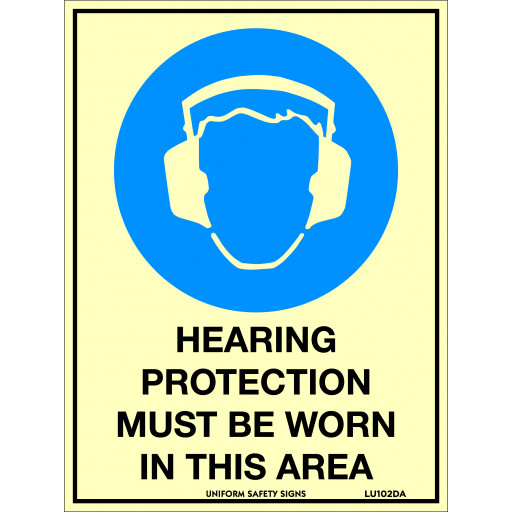 180x240mm - Self Adhesive - Luminous - Hearing Protection Must Be Worn In This Area (LU102DA)