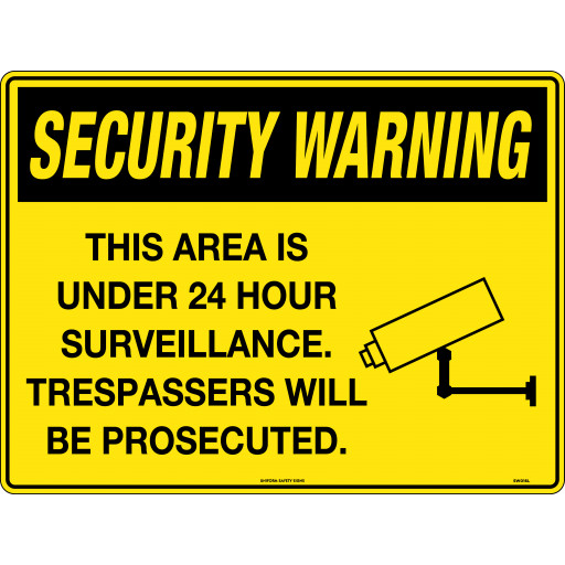 450x300mm - Poly - Security Warning This Area is under 24 Hour Surveillance. Trespassers will be Prosecuted. (SW016LSP)