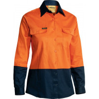 Bisley Womens 2 Tone Hi Vis Drill Long Sleeve Shirt Orange/Navy