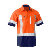 Bisley Flex & Move 2 Tone Hi Vis Stretch Utility Short Sleeve Shirt Orange/Navy