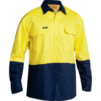 Bisley 2 Tone Hi Vis Drill Long Sleeve Shirt Yellow/Navy
