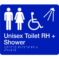 180x210mm - Braille - Blue PVC - Unisex Accessible Toilet and Shower (Right Hand) (BTS011-RH)