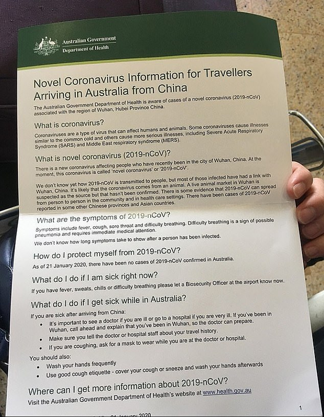 A pamphlet handed out by the Australian Government providing travellers with information on the deadly coronavirus